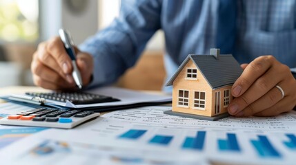 Businessperson holding a small house model while working on financial documents, emphasizing mortgage calculations and financial planning